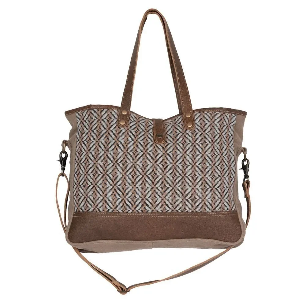 Myra Bag Handmade Exquisite Weekender Bag Upcycled Canvas & Cowhide Leather